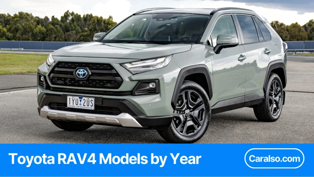 Lineup of Toyota RAV4 generations from 1996 to 2026 parked side by side on a road
