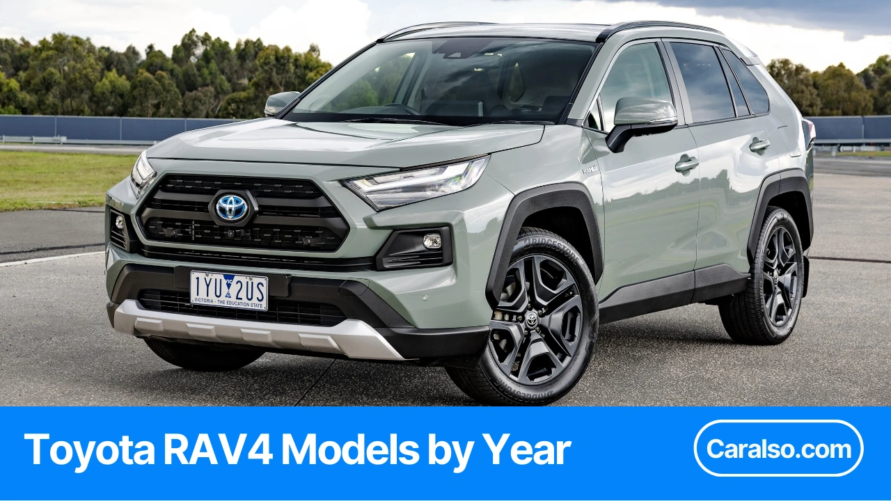 Lineup of Toyota RAV4 generations from 1996 to 2026 parked side by side on a road