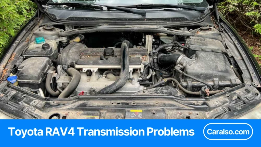 Toyota RAV4 parked on a road with focus on transmission problems, common symptoms, and affected model years