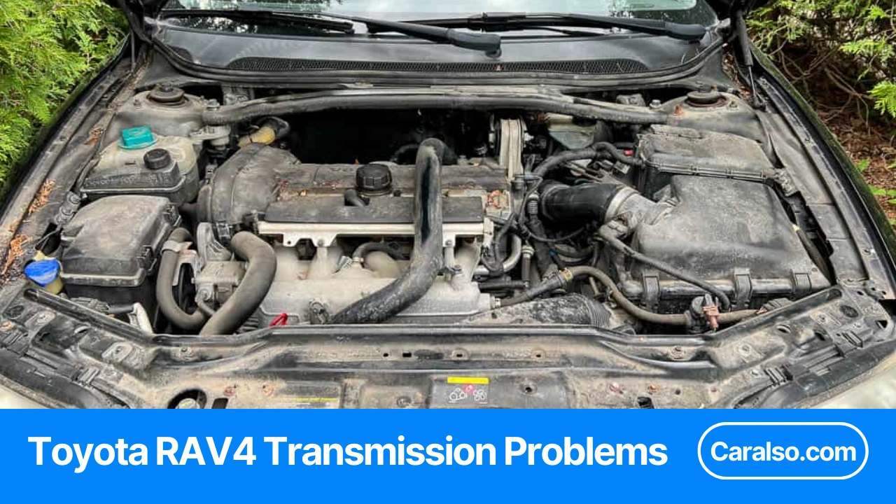 Toyota RAV4 parked on a road with focus on transmission problems, common symptoms, and affected model years