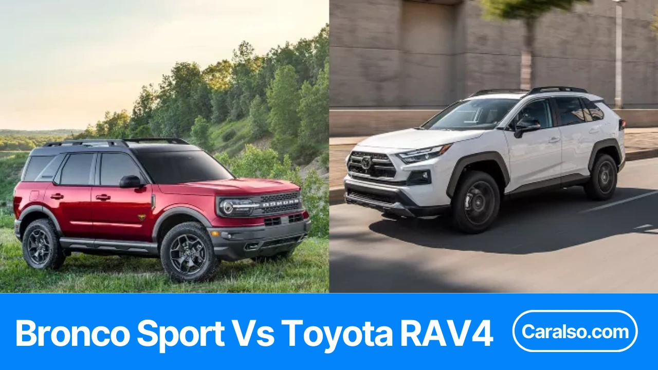 A Ford Bronco Sport and Toyota RAV4 parked side by side for a Bronco Sport vs RAV4 comparison of size, stance, and daily usability.