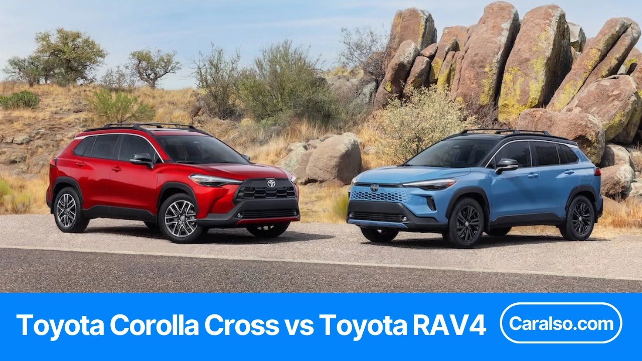 A side-by-side Corolla Cross vs RAV4 comparison chart showing price, cargo space, mpg, power, and hybrid AWD differences.