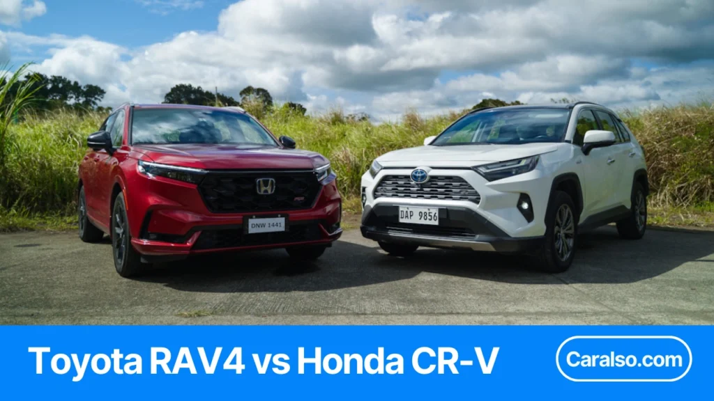 Side-by-side comparison chart of Honda CR-V and Toyota RAV4 showing MPG, cargo space, and towing for CRV vs RAV4.