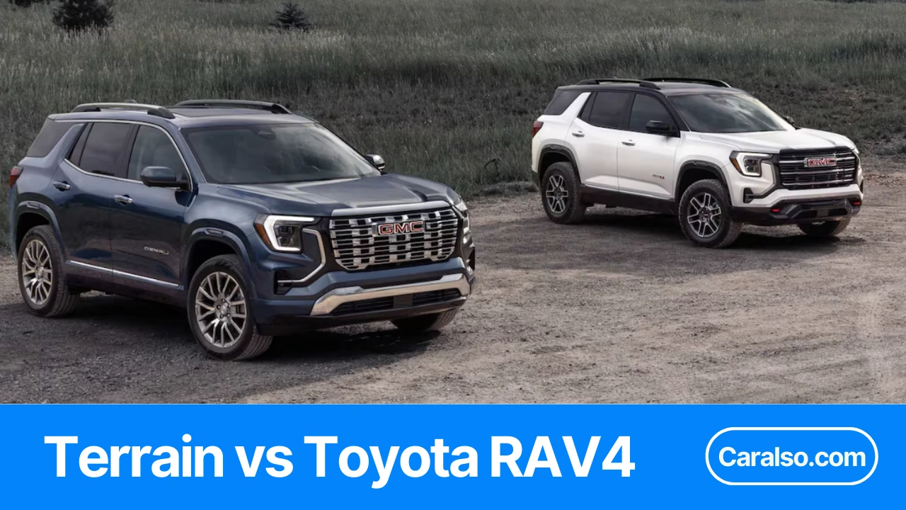 A GMC Terrain and Toyota RAV4 parked side by side for a GMC Terrain vs Toyota RAV4 comparison, showing size and front styling differences.