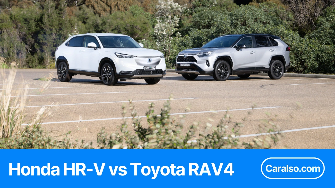A side-by-side Honda HR-V vs Toyota RAV4 comparison photo showing size and cargo space differences in a real parking lot.