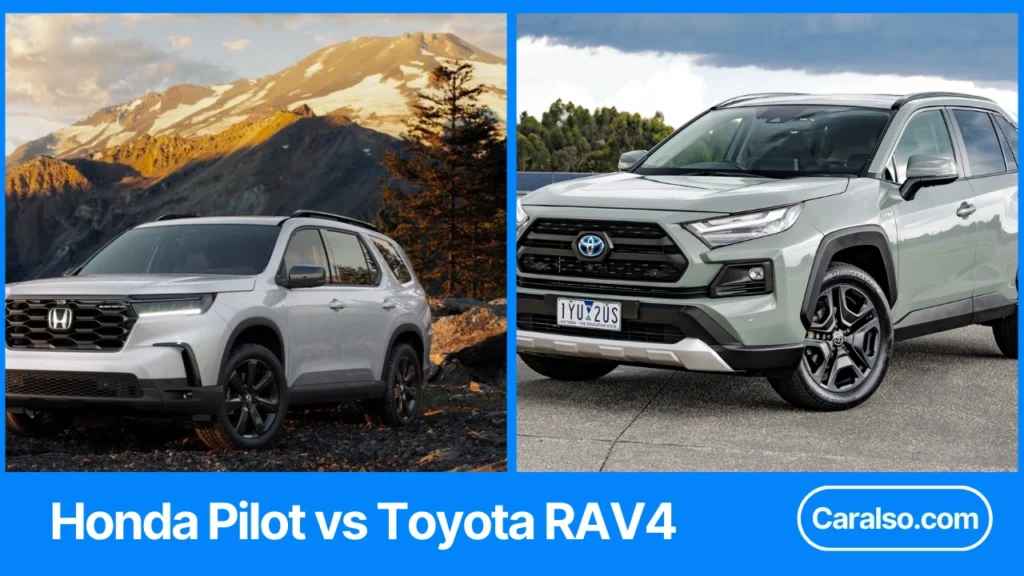 A side-by-side photo of a Honda Pilot and Toyota RAV4 parked for a Honda Pilot vs Toyota RAV4 comparison.