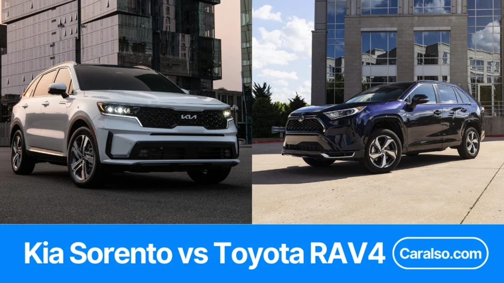 Side-by-side Kia Sorento vs Toyota RAV4 comparison showing hybrid mpg, towing, cargo space, and warranty highlights.