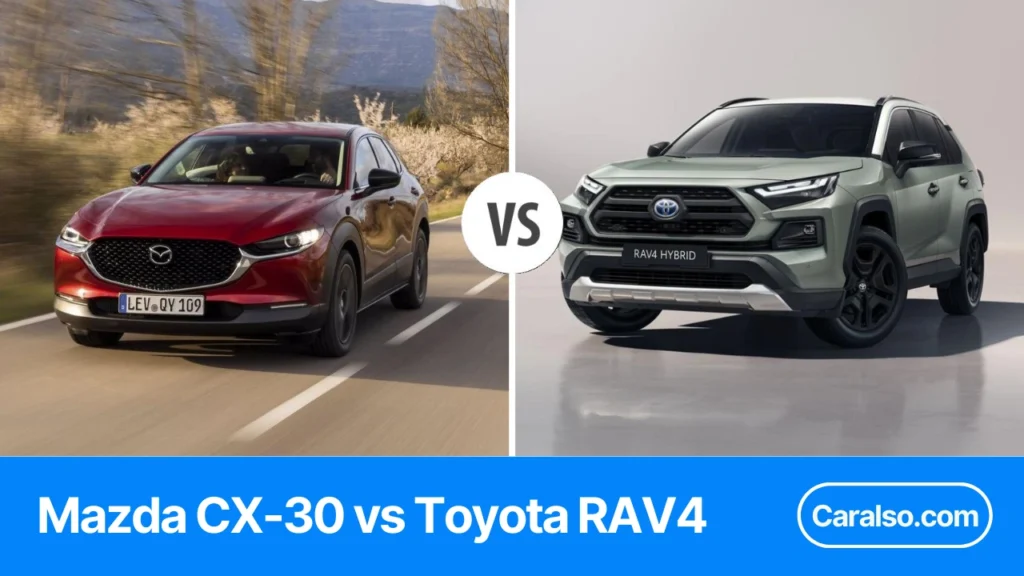 A Mazda CX-30 and a Toyota RAV4 side by side for a Mazda CX-30 vs Toyota RAV4 comparison.