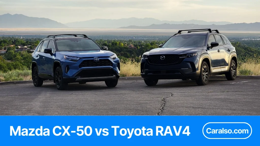 Side-by-side photo of a Mazda CX-50 and Toyota RAV4 for a mazda cx-50 vs toyota rav4 comparison on cargo, mpg, and AWD.