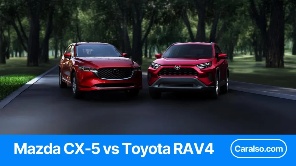 Side-by-side Mazda CX-5 and Toyota RAV4 in a Mazda CX5 vs Toyota RAV4 comparison photo.