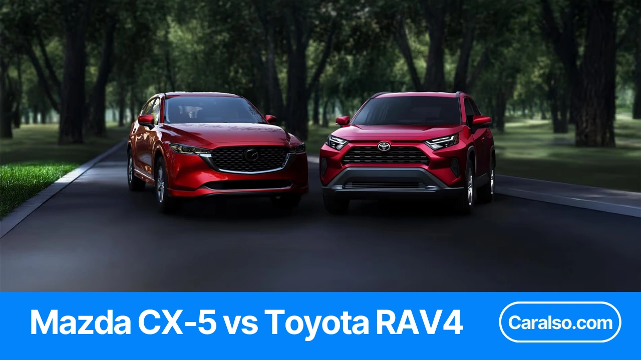 Side-by-side Mazda CX-5 and Toyota RAV4 in a Mazda CX5 vs Toyota RAV4 comparison photo.