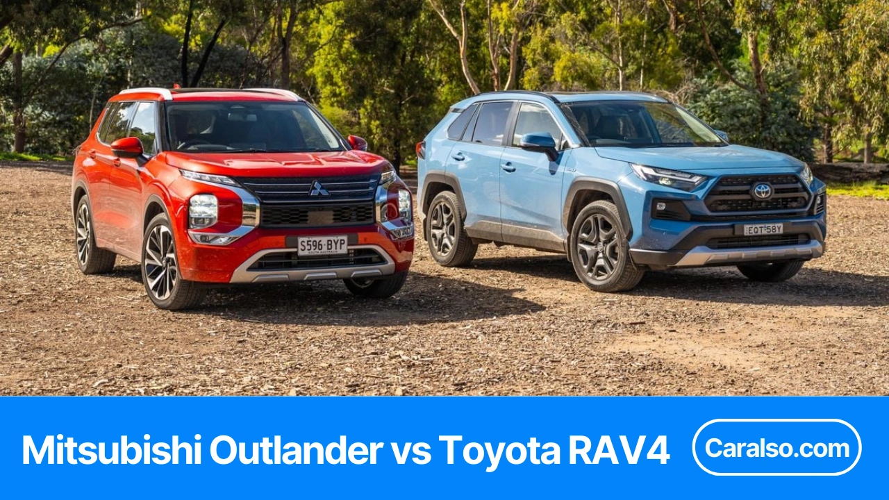 A 2025 Mitsubishi Outlander vs Toyota RAV4 parked side by side for a direct SUV comparison.