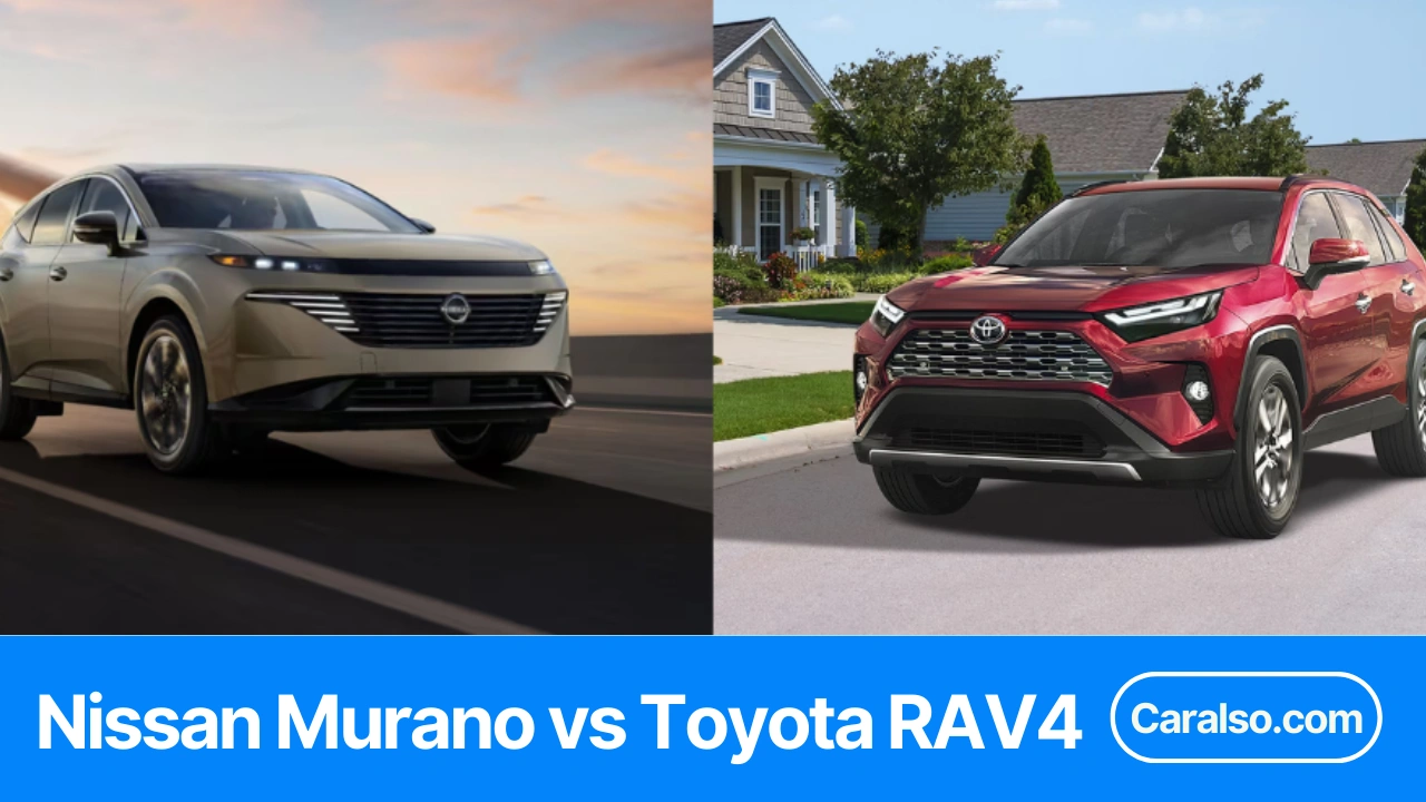 Side-by-side comparison photo showing a Nissan Murano vs Toyota RAV4 with key specs like MPG, cargo, and towing highlighted.