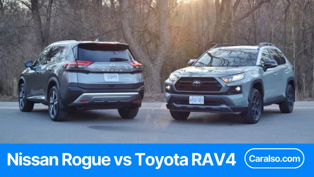 Side-by-side Nissan Rogue vs Toyota RAV4 comparison photo showing trims, pricing, and badges on a dealership lot.