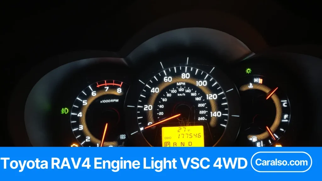 A Toyota RAV4 dashboard showing the rav4 engine light vsc 4wd warnings illuminated while the SUV is parked in a driveway at night.