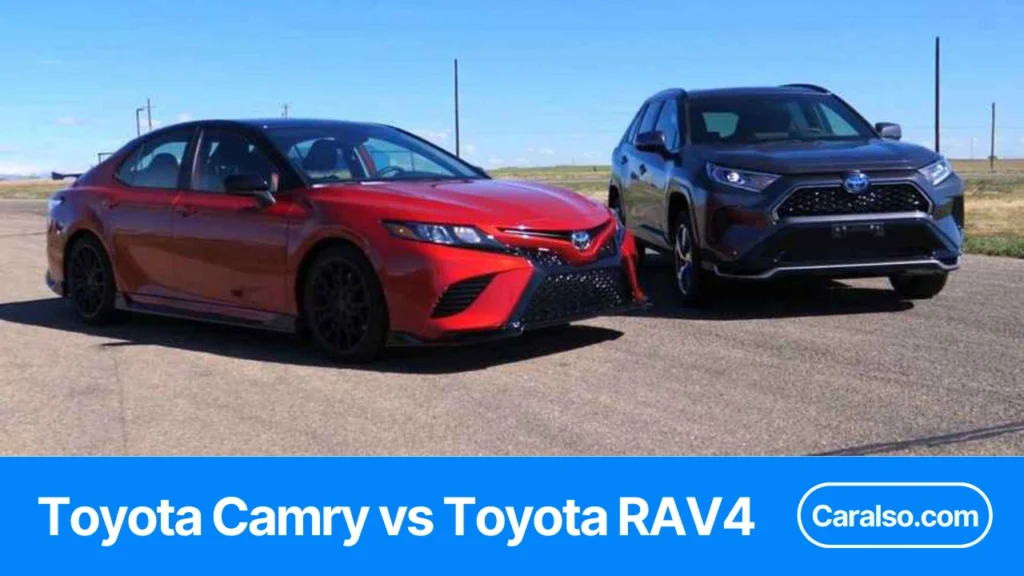 2026 Toyota RAV4 parked next to a 2026 Toyota Camry for a rav4 vs camry SUV vs sedan comparison.