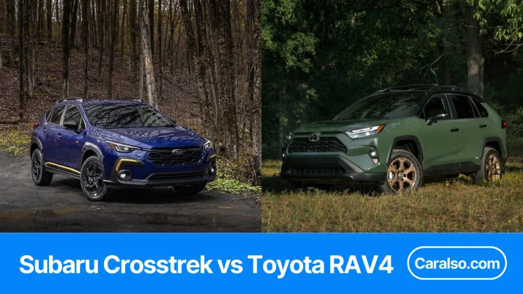 Side-by-side 2026 Toyota RAV4 and Subaru Crosstrek comparison for rav4 vs crosstrek, highlighting cargo space, AWD, MPG, and towing.