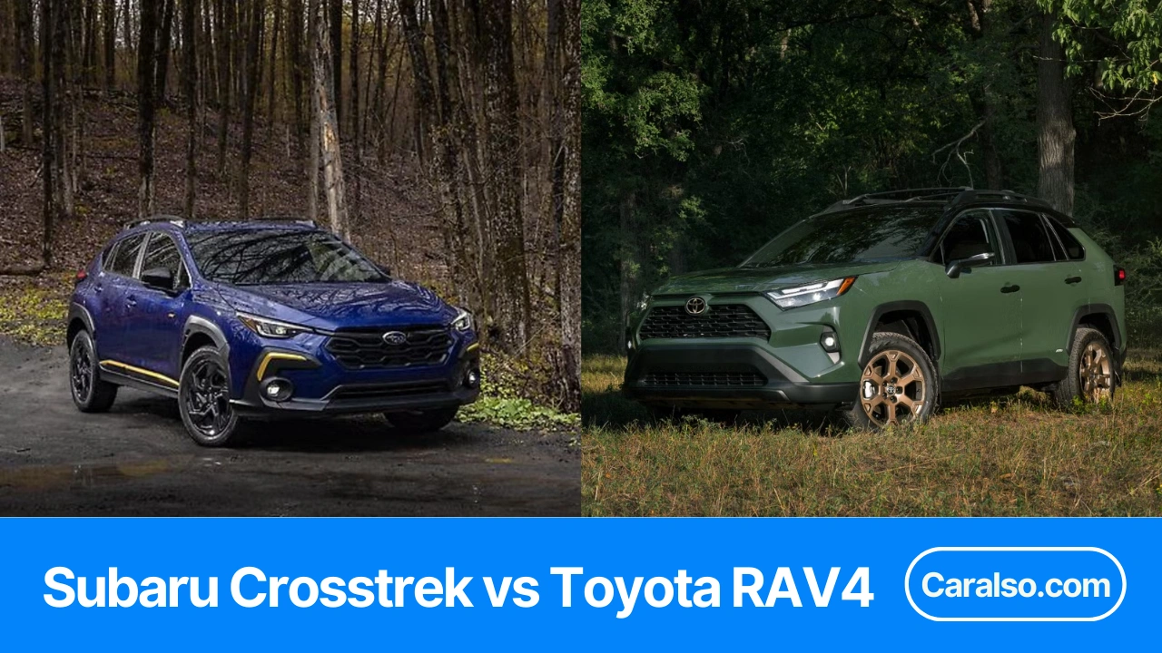 Side-by-side 2026 Toyota RAV4 and Subaru Crosstrek comparison for rav4 vs crosstrek, highlighting cargo space, AWD, MPG, and towing.