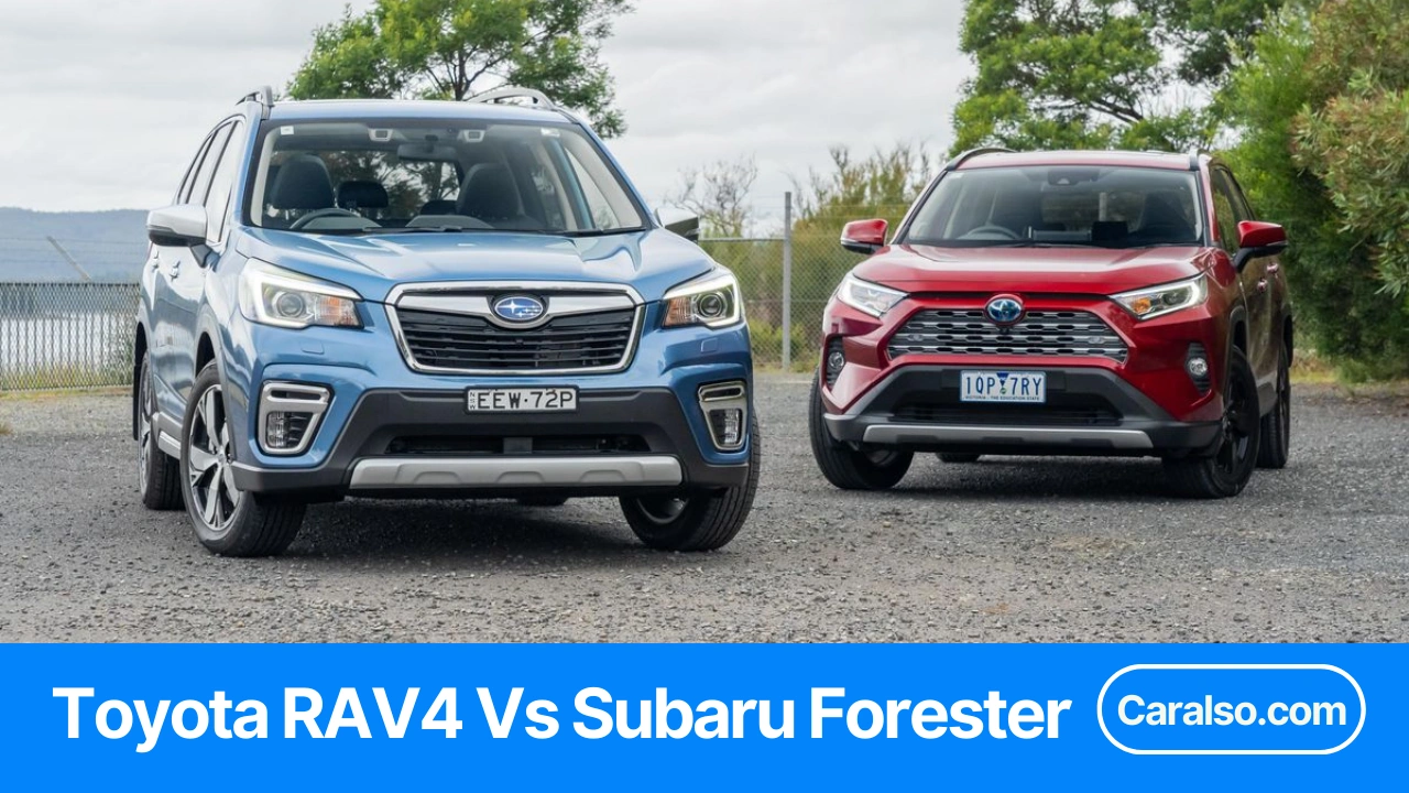 Side-by-side Toyota RAV4 and Subaru Forester on a snowy road for a RAV4 vs Forester comparison.