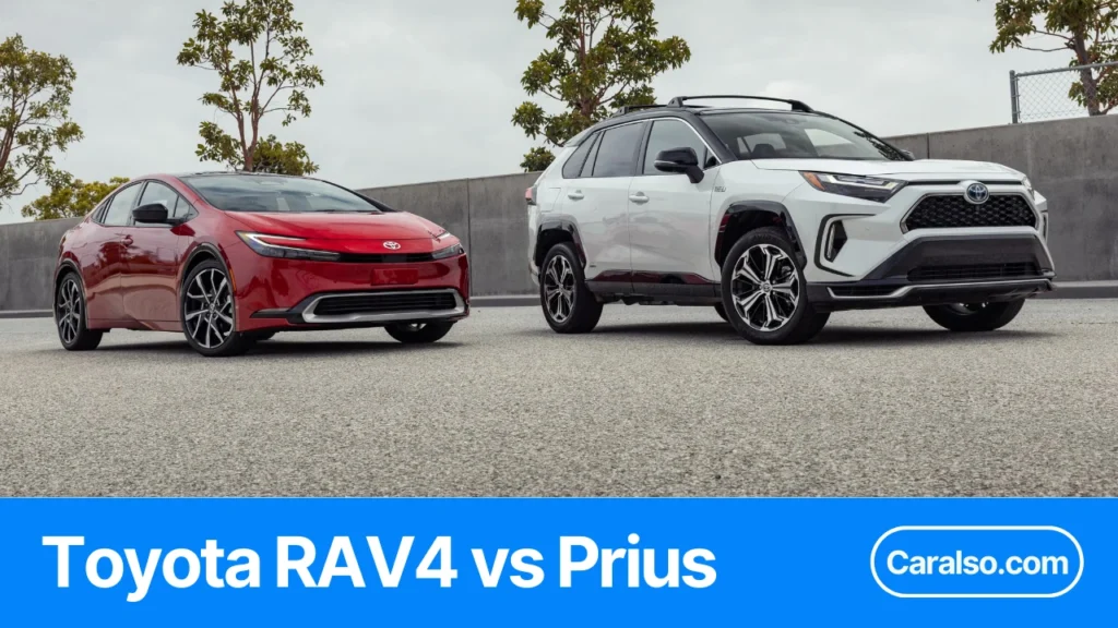 A Toyota RAV4 parked beside a Toyota Prius for a RAV4 vs Prius comparison.