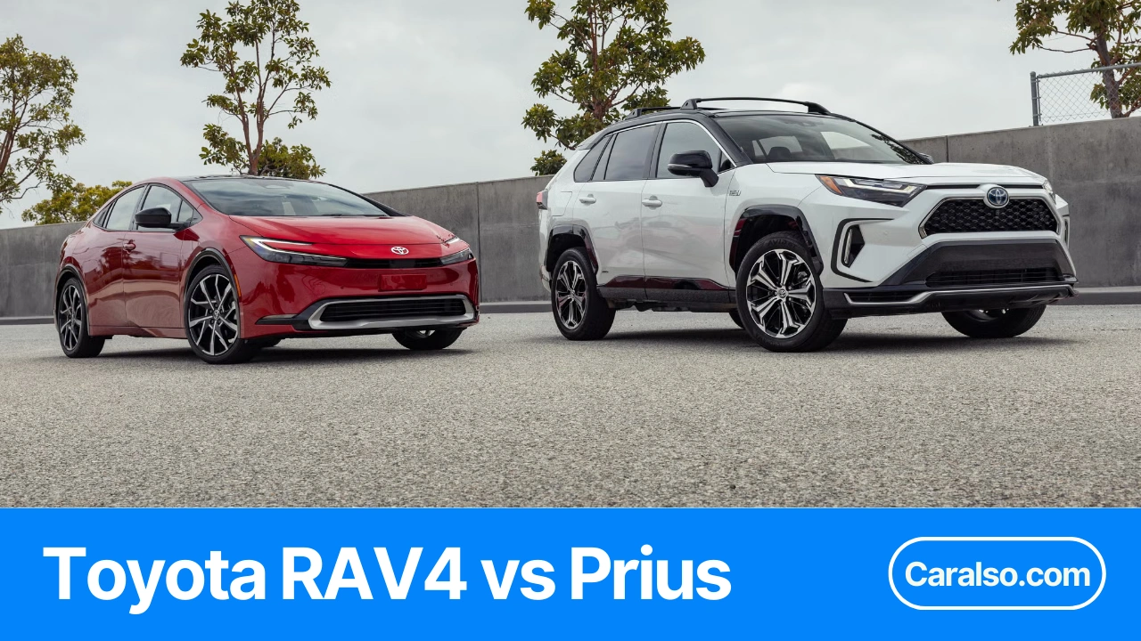 A Toyota RAV4 parked beside a Toyota Prius for a RAV4 vs Prius comparison.