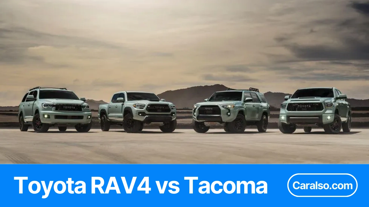 A Toyota RAV4 parked next to a Toyota Tacoma for a rav4 vs tacoma comparison.