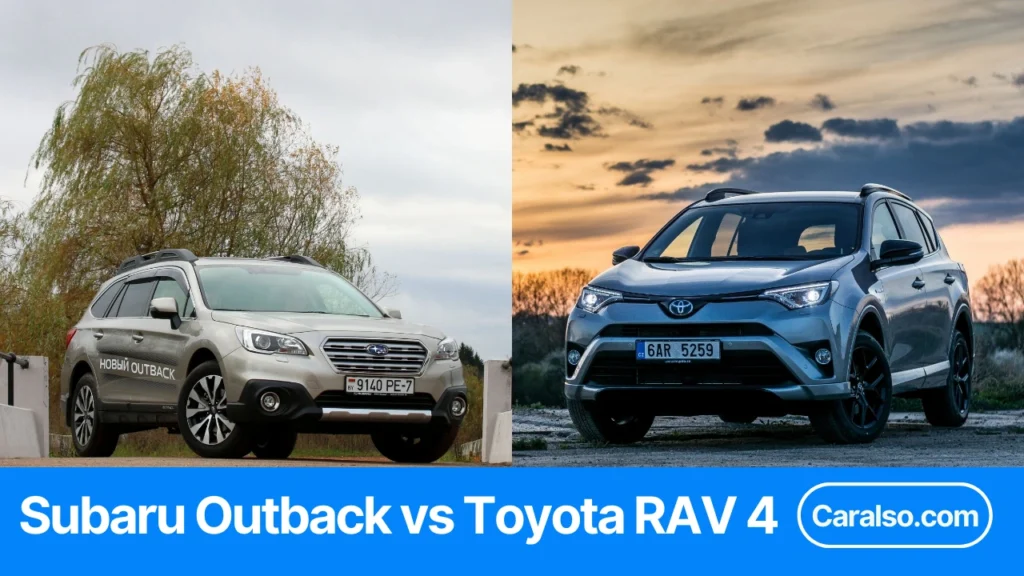 A side-by-side Subaru Outback vs Toyota RAV4 comparison photo with key specs like MPG, cargo, towing, and AWD called out.