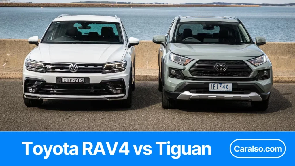 Side-by-side view of a Volkswagen Tiguan and Toyota RAV4 for a Tiguan vs RAV4 comparison.