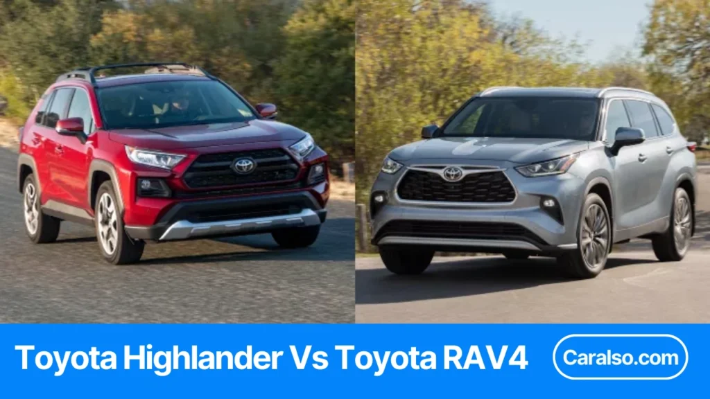 Toyota Highlander vs RAV4 comparison graphic with seats, cargo, MPG, and towing numbers in a quick verdict table.