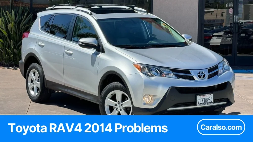 A checklist graphic of Toyota RAV4 2014 problems with shudder test speeds, VIN recall checks, and common stereo failure symptoms.