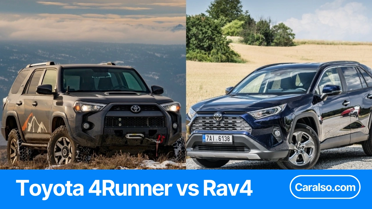 A Toyota RAV4 vs 4Runner side-by-side with MPG, towing, and off-road specs shown.