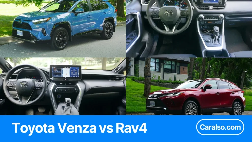 Side-by-side comparison of Toyota Venza vs RAV4 showing MPG, cargo space, and towing ratings.