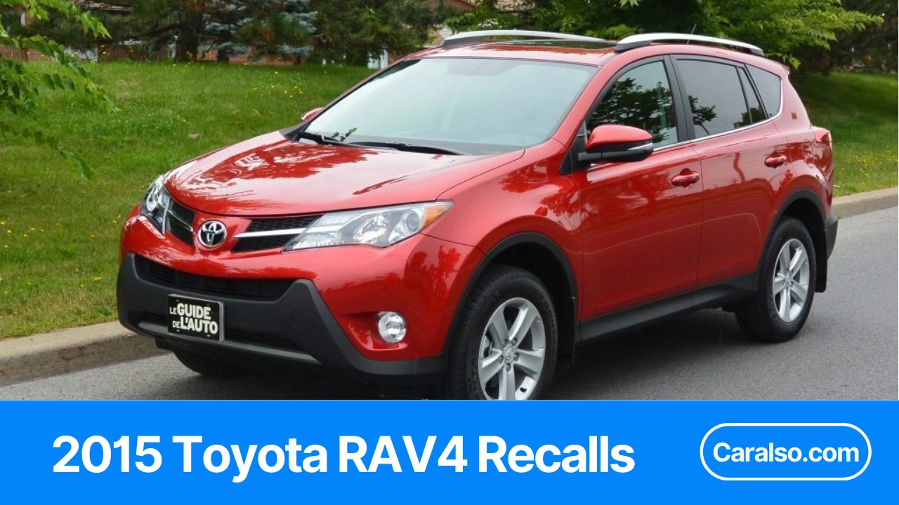 A 2015 RAV4 parked at a dealership with a phone showing a VIN lookup screen for 2015 Toyota RAV4 recalls.