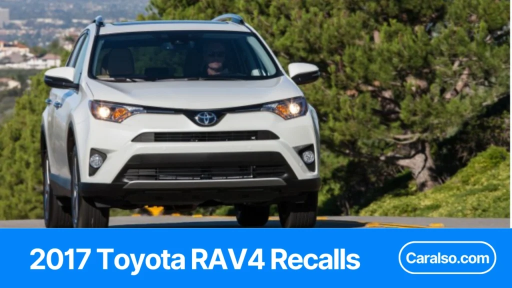 A 2017 Toyota RAV4 recalls quick table showing recall IDs, risk level, and next steps next to a VIN check screenshot.