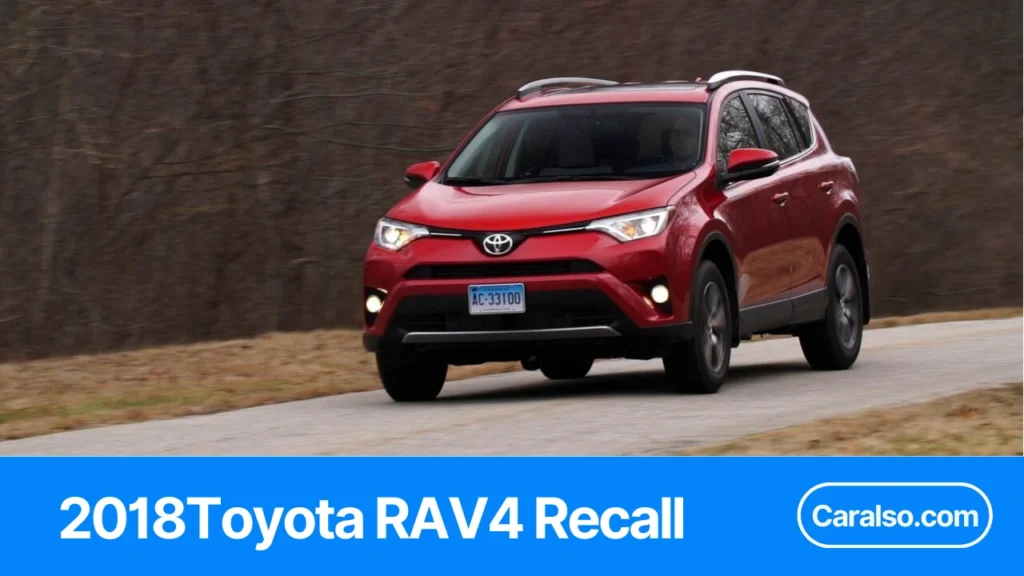 A 2018 RAV4 parked with the hood open showing the 12V battery area, with a phone displaying a VIN lookup for 2018 Toyota RAV4 recalls.