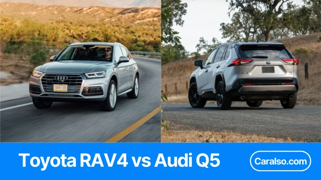 A side-by-side photo of an Audi Q5 and a Toyota RAV4, showing size and styling differences for an audi q5 vs toyota rav4 comparison.