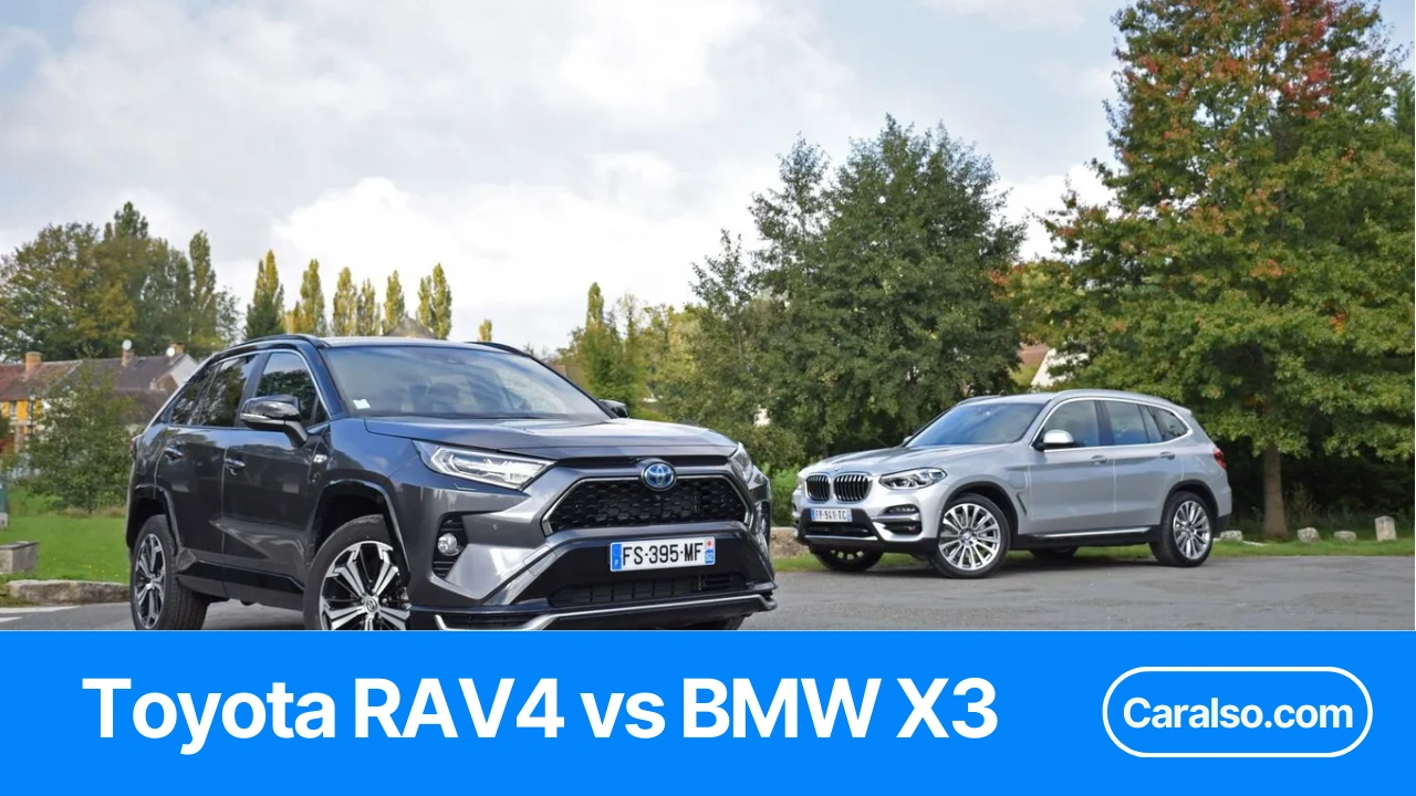 Side-by-side comparison photo of a BMW X3 and Toyota RAV4 for a BMW X3 vs Toyota RAV4 buying guide.