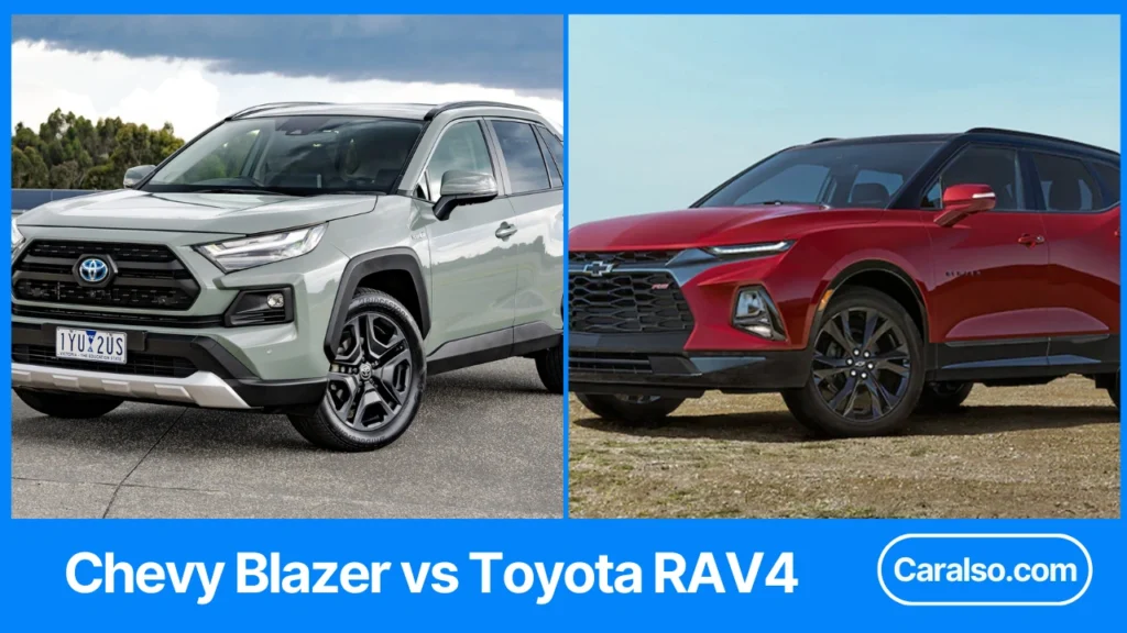 Side-by-side view of a Chevy Blazer and Toyota RAV4 showing size, cargo area, and key specs for a chevy blazer vs rav 4 comparison.