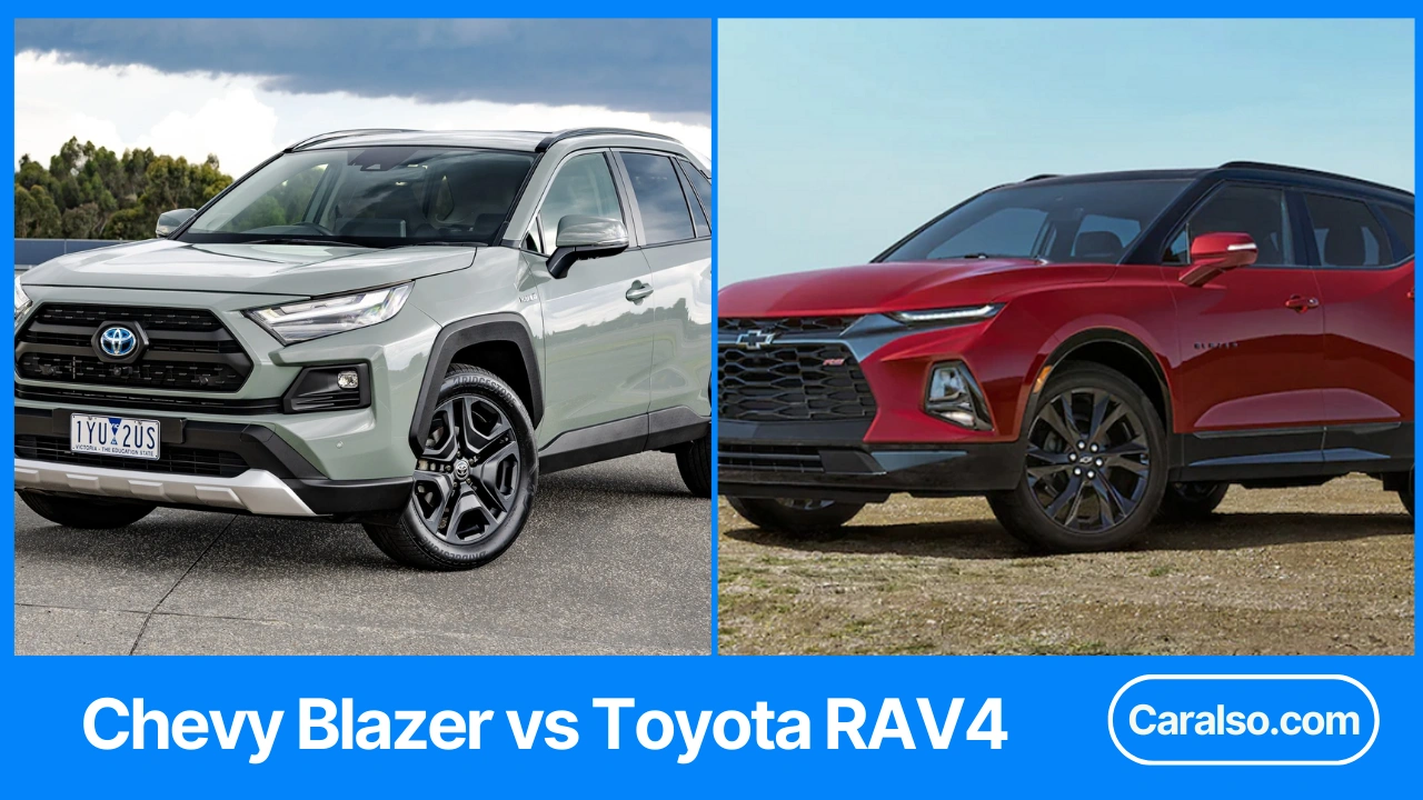 Side-by-side view of a Chevy Blazer and Toyota RAV4 showing size, cargo area, and key specs for a chevy blazer vs rav 4 comparison.