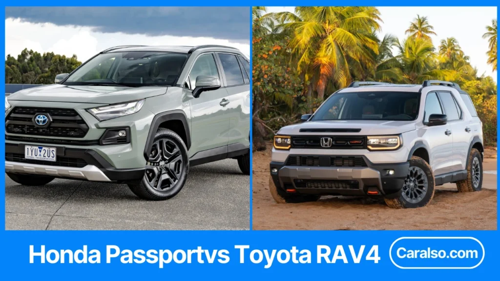 Honda Passport vs Toyota RAV4 comparison showing towing capacity, MPG, cargo space, and pricing side by side.