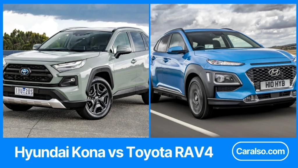 A Hyundai Kona and a Toyota RAV4 parked side by side for a hyundai kona vs toyota rav4 comparison of size, cargo, and value.