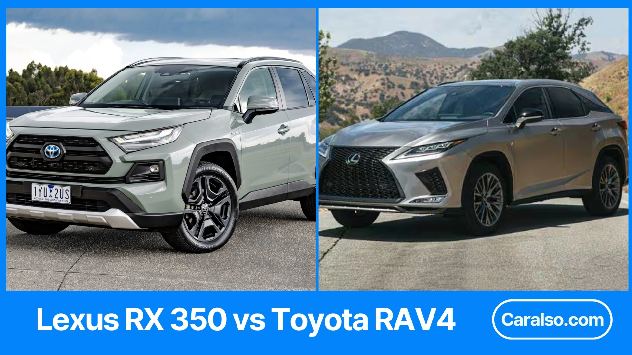 Front three-quarter view of a Lexus RX 350 and Toyota RAV4 parked side by side for a lexus rx 350 vs toyota rav4 comparison.
