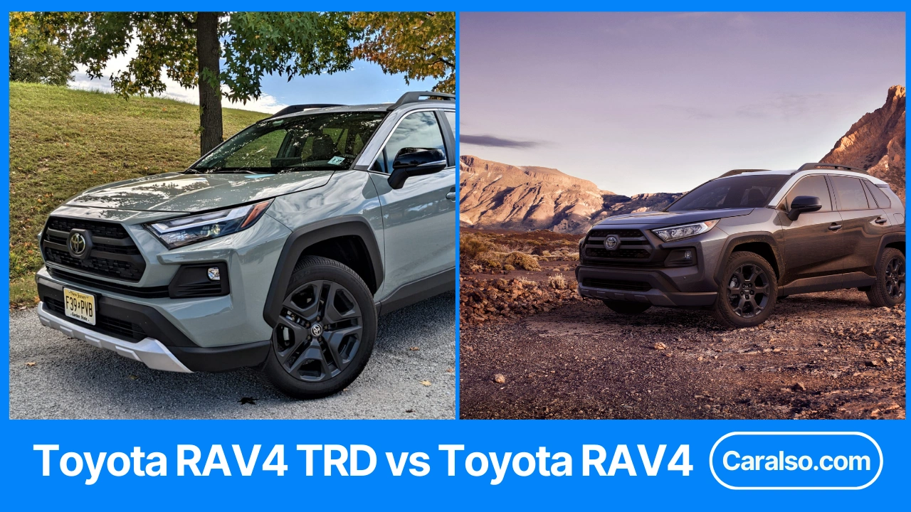 Side-by-side RAV4 Adventure vs TRD Off-Road showing wheel and tire differences on a trailhead-style parking area.