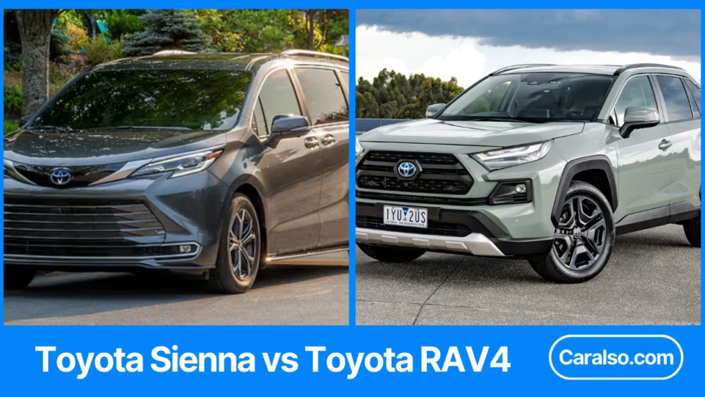 Toyota RAV4 parked beside a Toyota Sienna for a rav4 vs sienna comparison for 2025 to 2026 buyers.