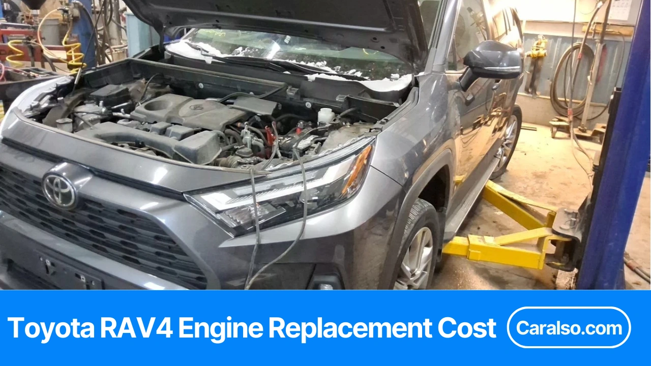 Mechanic inspecting a Toyota RAV4 engine on a stand to explain Toyota RAV4 engine replacement cost.