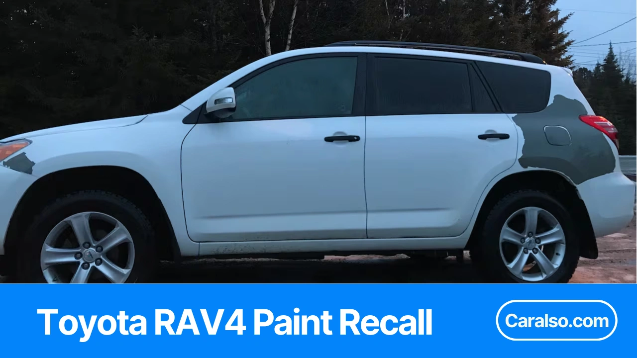 A close-up of peeling white paint on a Toyota RAV4 hood with a simple eligibility checklist, explaining the Toyota RAV4 paint recall.