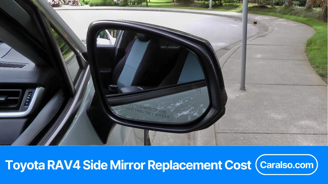 A broken Toyota RAV4 mirror beside a replacement unit showing Toyota RAV4 side mirror replacement cost factors like heat, BSM, and camera.