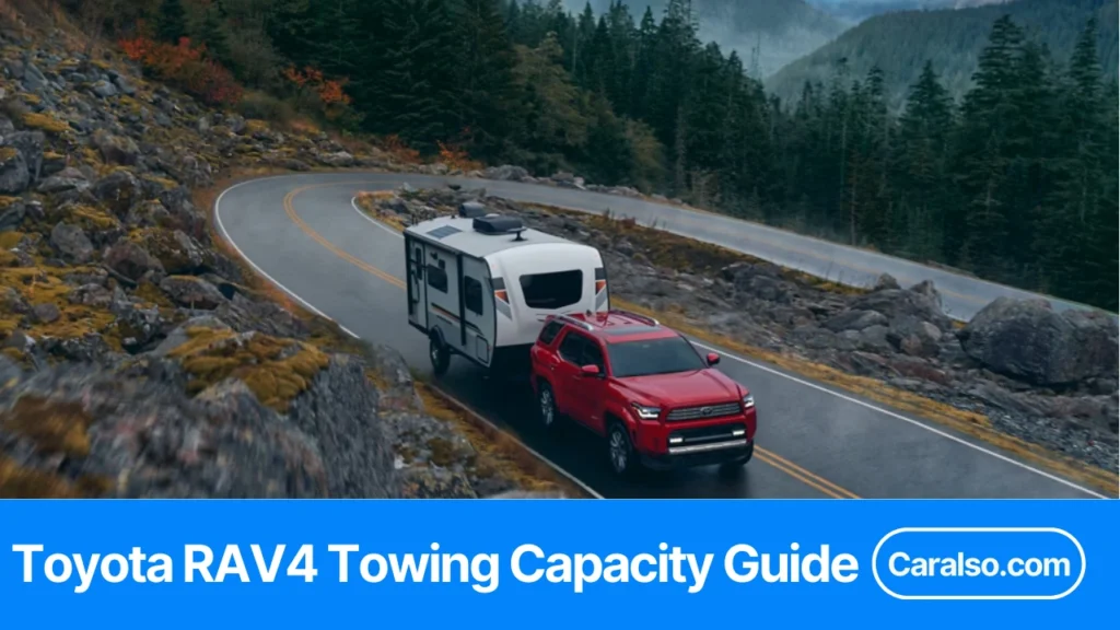 A Toyota RAV4 towing capacity guide chart showing 1,500 to 3,500 lb ratings by trim and year with hitch and tongue weight notes.