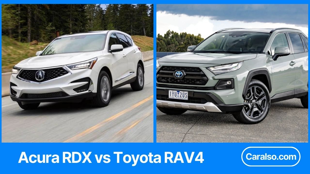 Side-by-side Toyota RAV4 vs Acura RDX comparison photo showing size and stance in a parking lot.