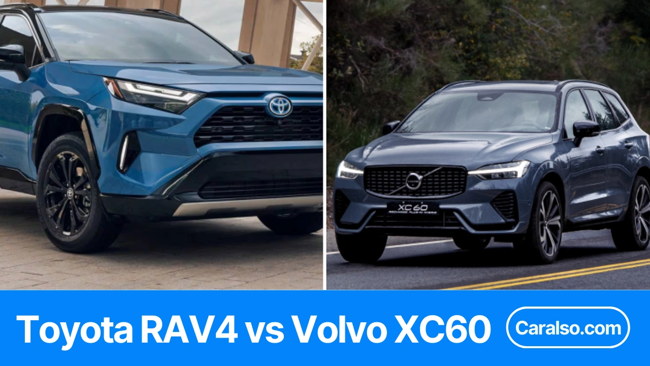 Side-by-side view of a Toyota RAV4 and Volvo XC60 to illustrate a toyota rav4 vs volvo xc60 comparison for price, space, and features.